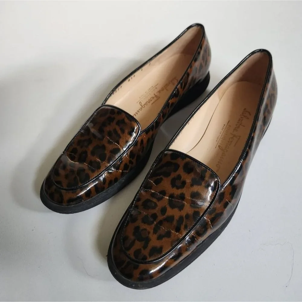 *SOLD* SALVATORE FERRAGAMO | Animal print loafers patent leather brown sz 6B - Picture 1 of 7